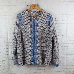 CHICO'S BLUE TWEED WITH PAISLEY DETAIL CROPPED ZIP UP JACKET LINED SIZE 16/18
